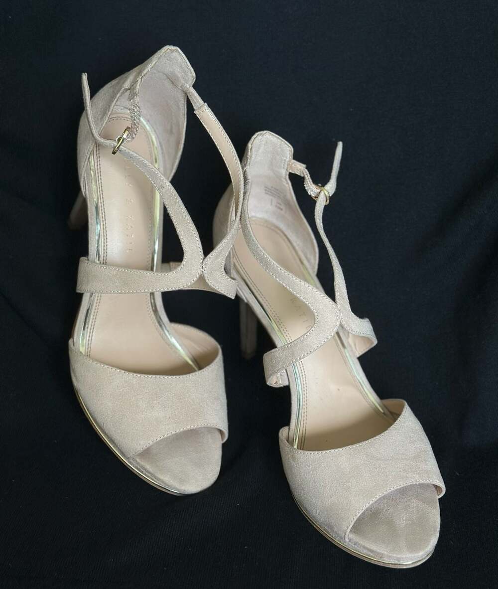Kelly & Katie Women's Beige Suede Ankle Strap Peep Toe Stiletto Heels